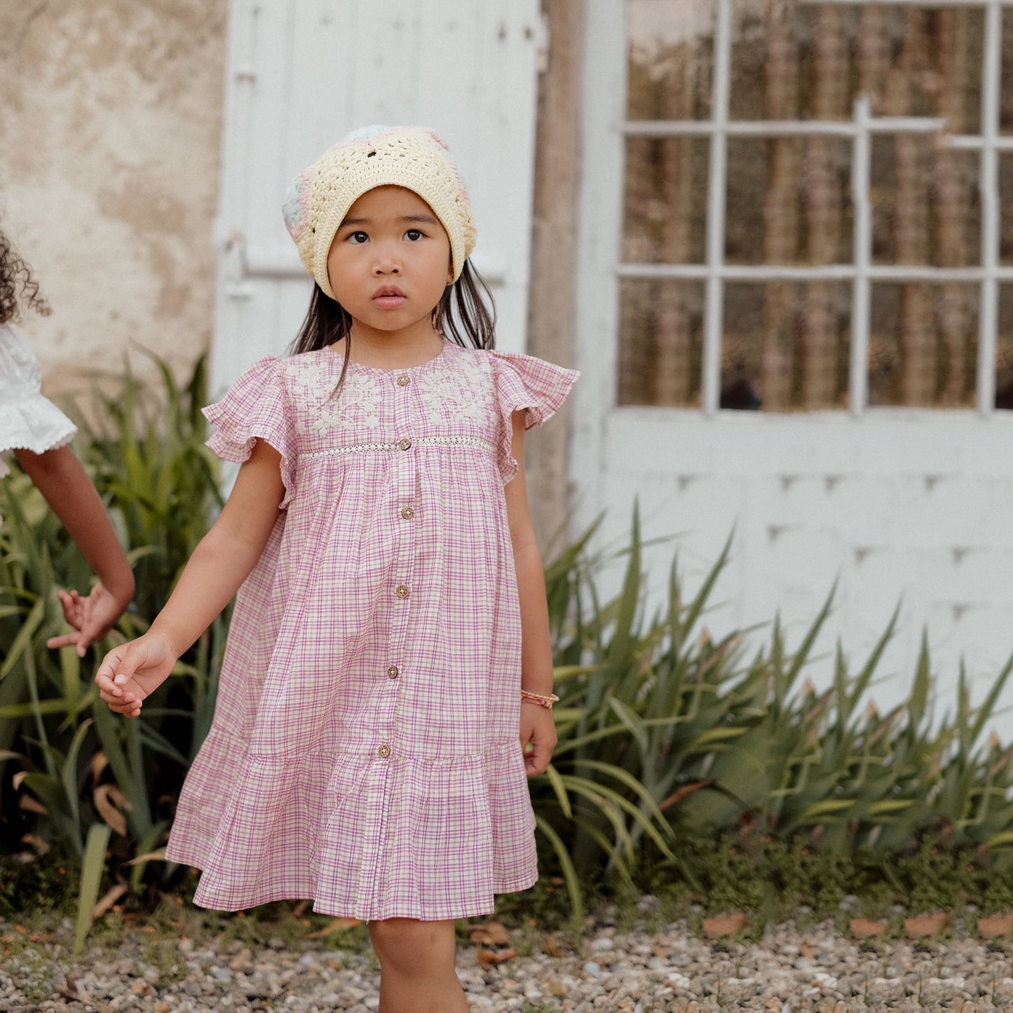女童粉色格子棉连衣裙