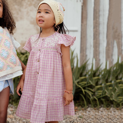 女童粉色格子棉连衣裙