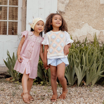 女童粉色格子棉连衣裙