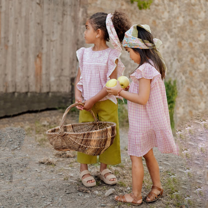 女童粉色格子棉连衣裙