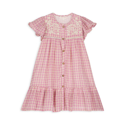 女童粉色格子棉连衣裙