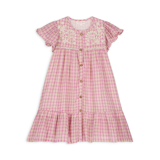 女童粉色格子棉连衣裙