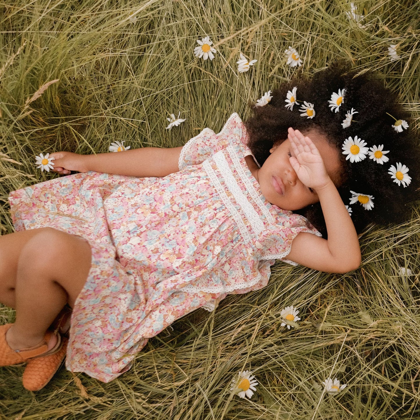 女童粉色碎花棉连衣裙