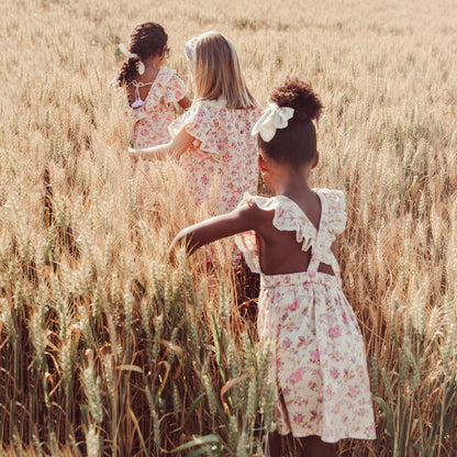 女童粉色碎花荷叶领棉连衣裙