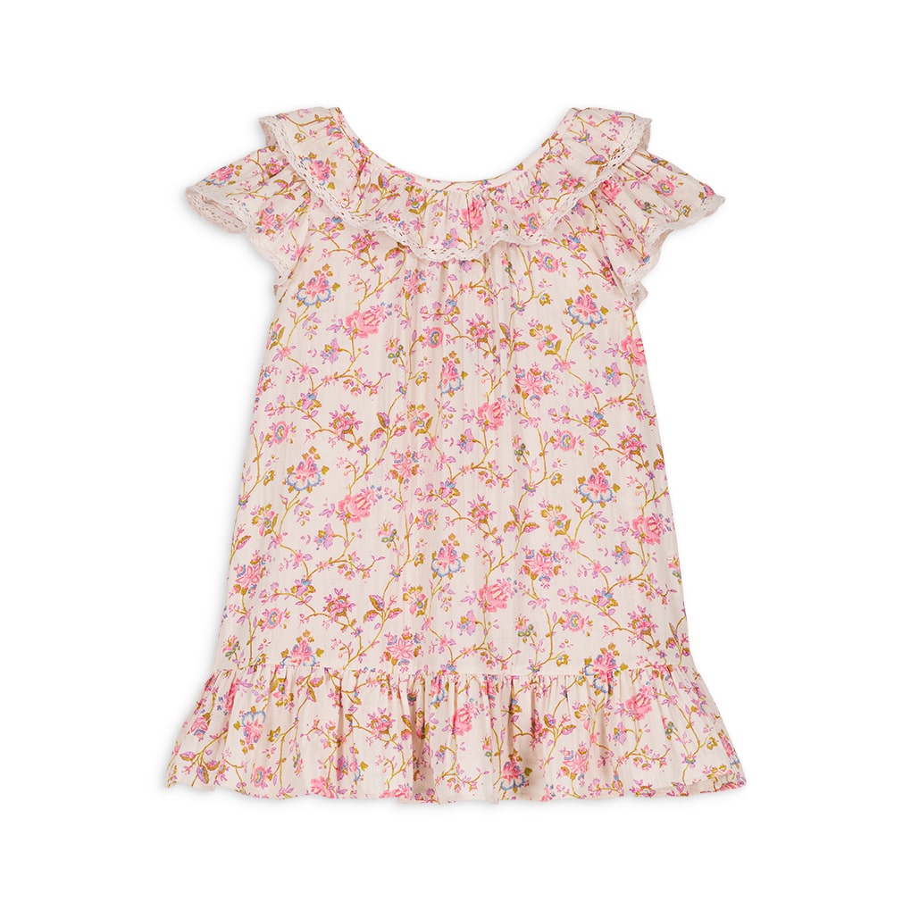 女童粉色碎花荷叶领棉连衣裙