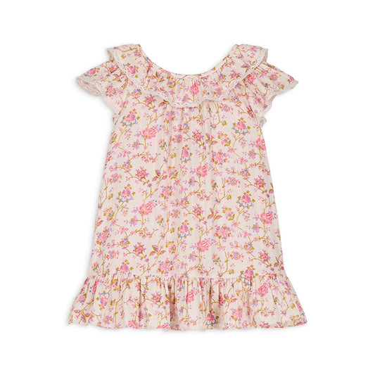 女童粉色碎花荷叶领棉连衣裙