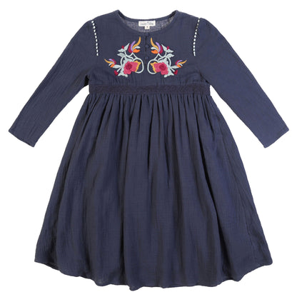 Girls Dark Grey Embroidered Trims Cotton 'Samsa' Dress