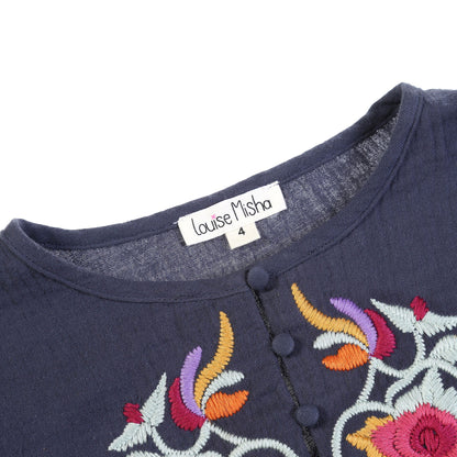 Girls Dark Grey Embroidered Trims Cotton 'Samsa' Dress