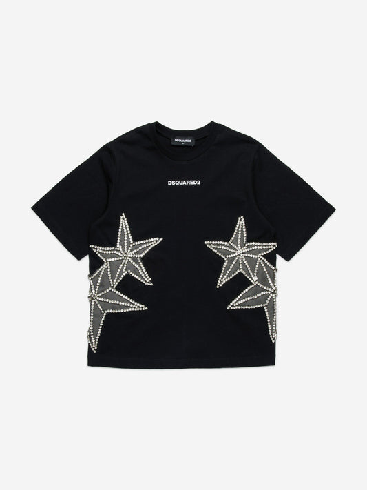 Girls Crystal Stars T-Shirt in Black