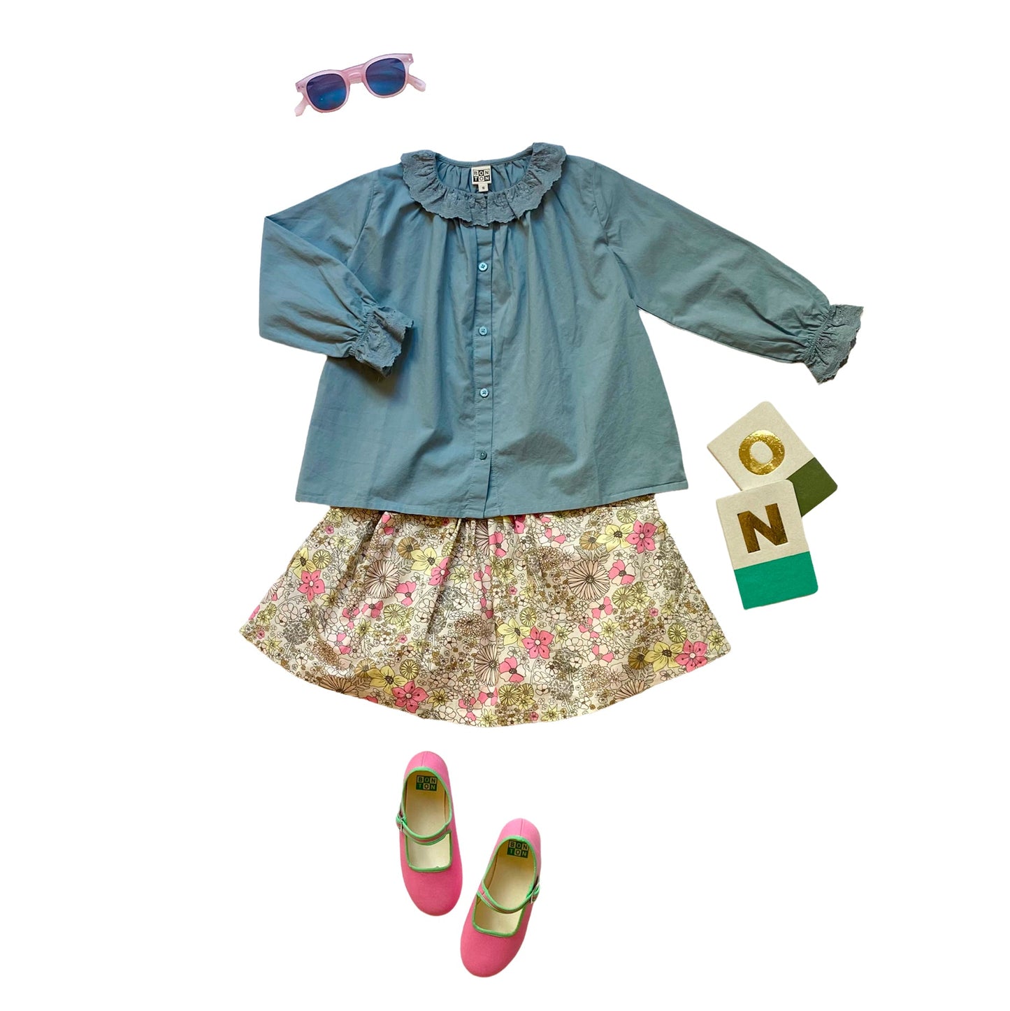 女童蓝色荷叶边棉衬衫