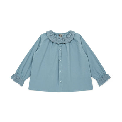 女童蓝色荷叶边棉衬衫