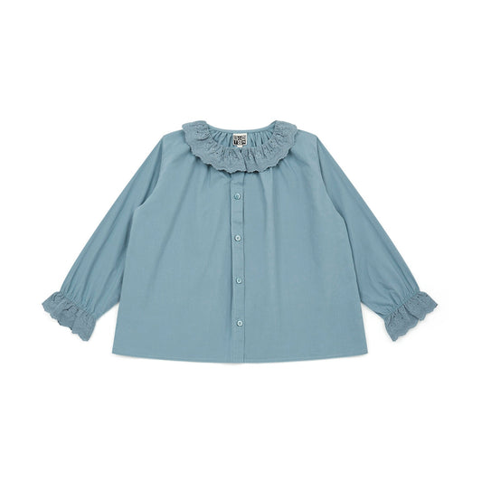 女童蓝色荷叶边棉衬衫