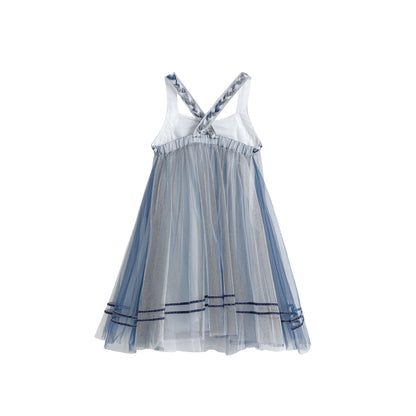 女童海蓝色编织吊带娃娃裙