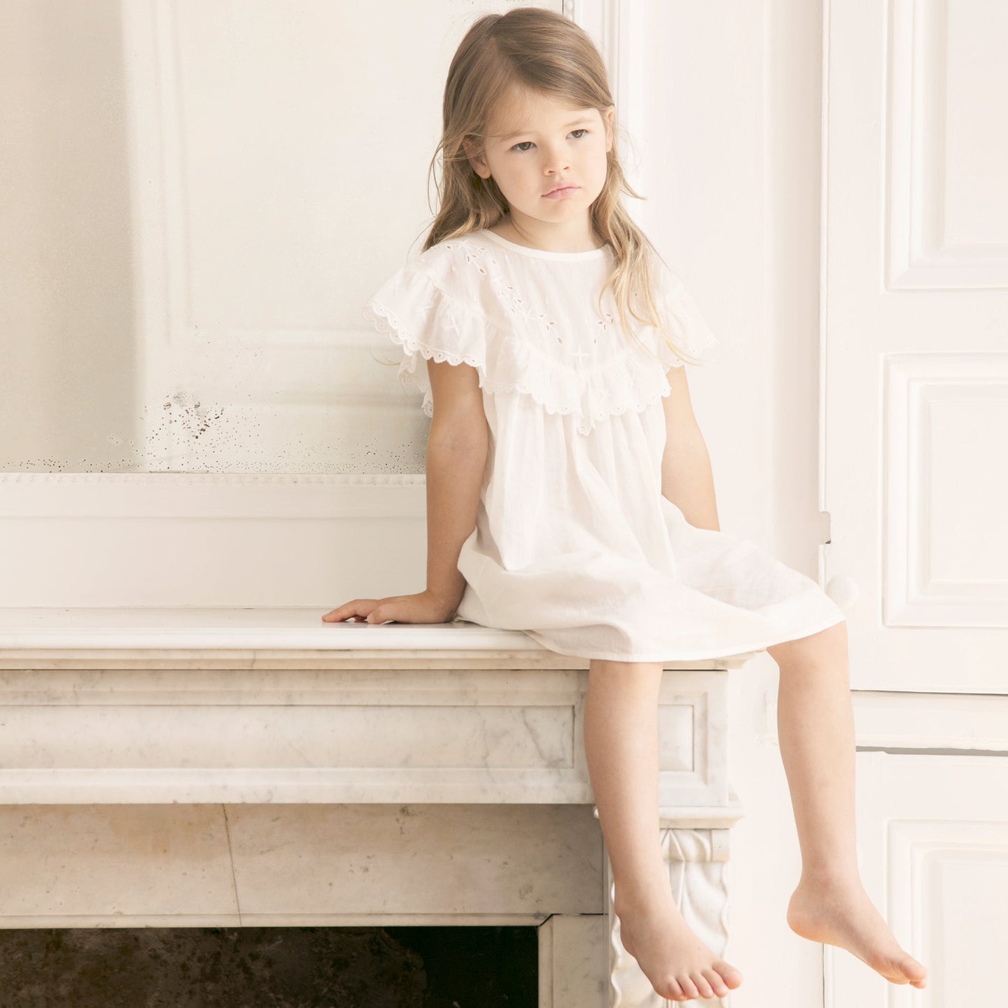 Girls Off White Cotton Dress