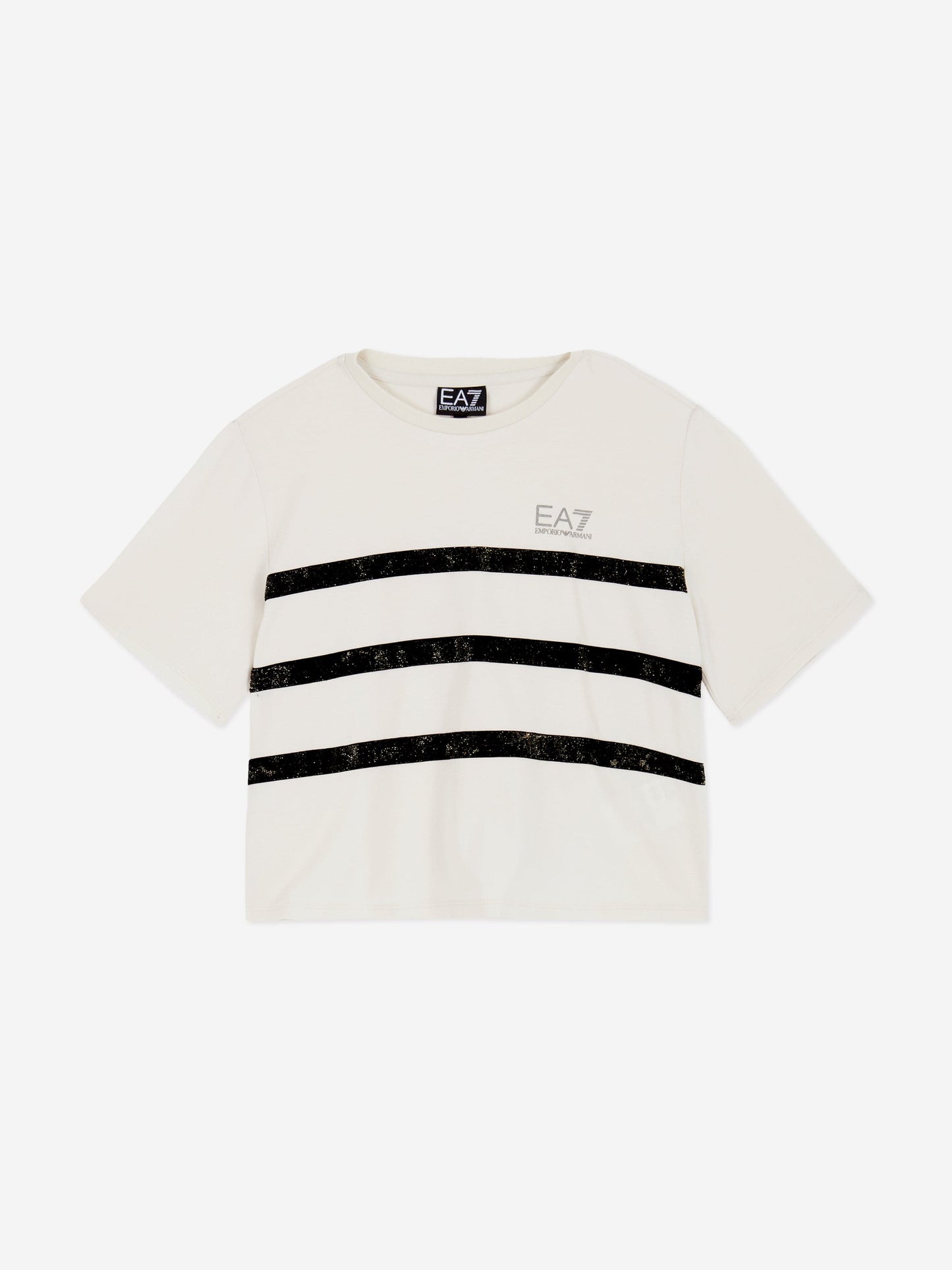 EA7 Emporio Armani 女童条纹徽标 T 恤（米色）