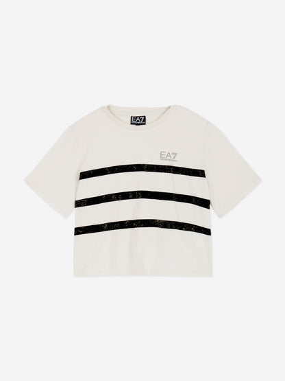 EA7 Emporio Armani 女童条纹徽标 T 恤（米色）