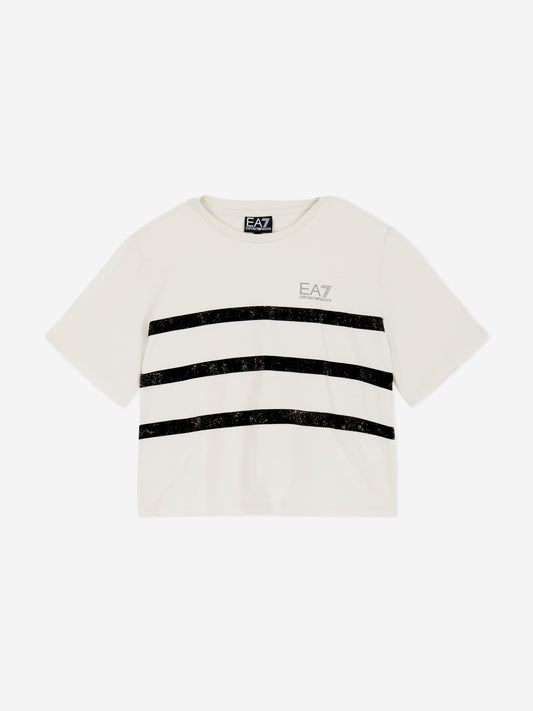 EA7 Emporio Armani 女童条纹徽标 T 恤（米色）