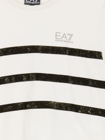EA7 Emporio Armani 女童条纹徽标 T 恤（米色）