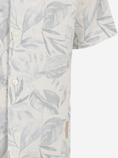 Boys Linen Leaf Print Shirt in Ivory