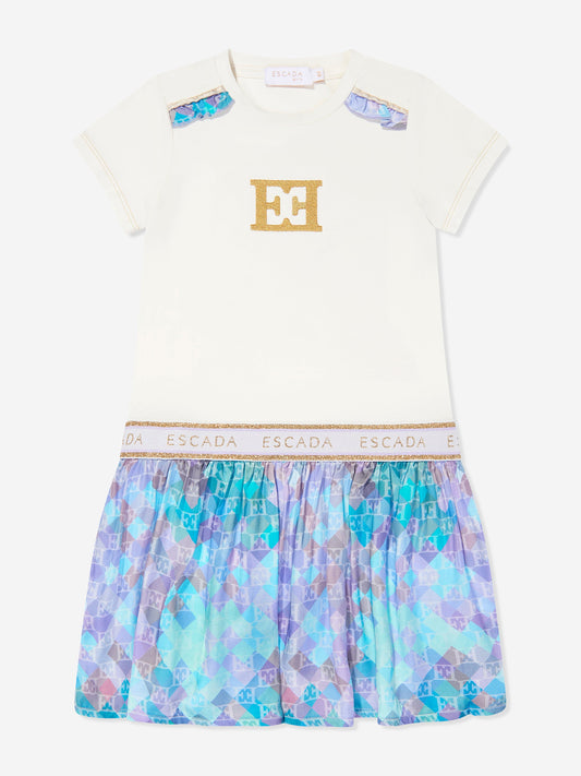 Escada 女童白色徽标 T 恤连衣裙