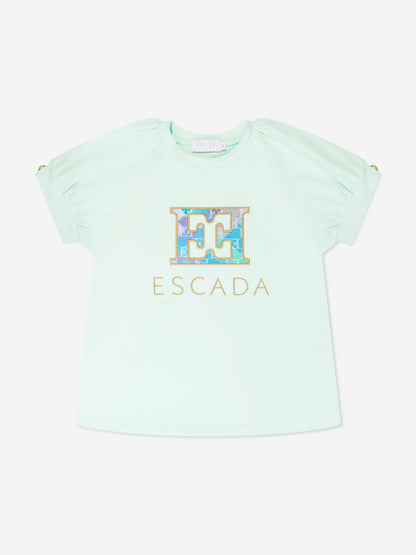 Escada 女童蓝色刺绣徽标 T 恤
