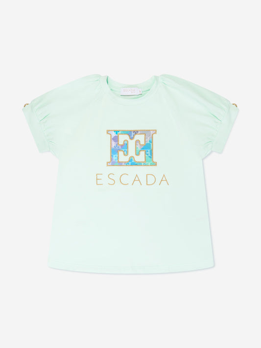 Escada 女童蓝色刺绣徽标 T 恤