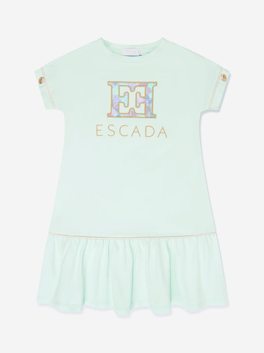 Escada 女童蓝色刺绣徽标 T 恤连衣裙