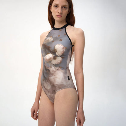 女士雾蓝色花朵挂脖芭蕾舞连体衣(R7_26.1/Elvira - Halter)