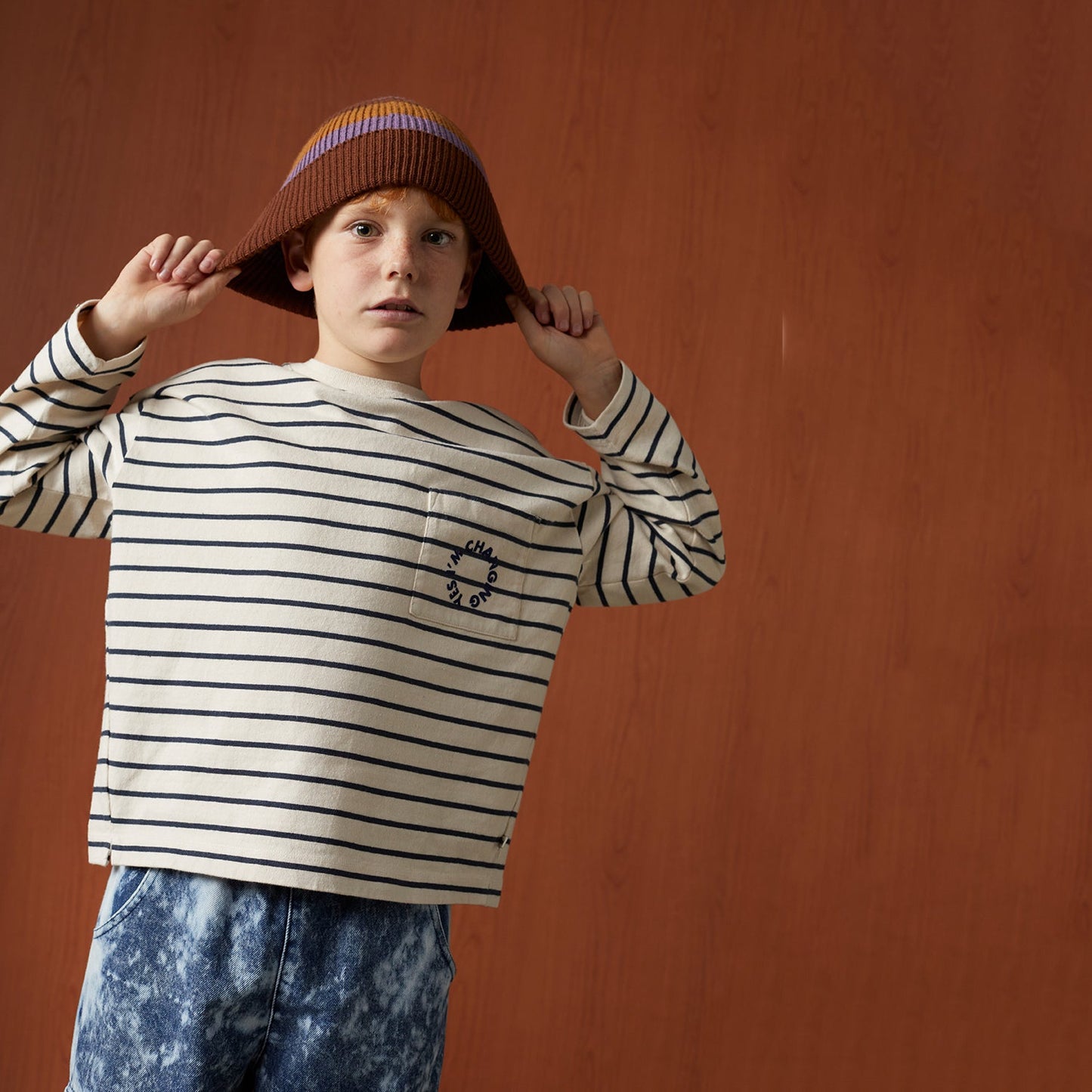 儿童米色条纹棉T恤
