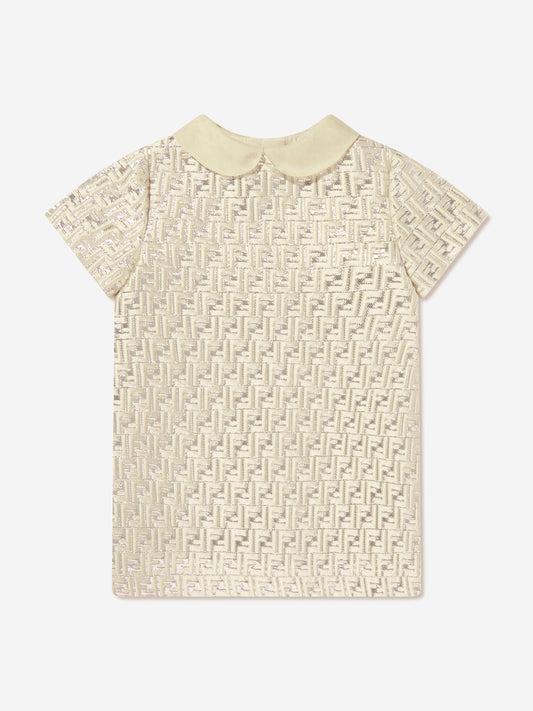 Fendi Baby Girls FF Silk Brocade Dress in Beige