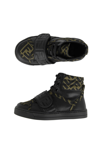 Fendi Kids 黑色 & 棕色皮革高帮徽标运动鞋