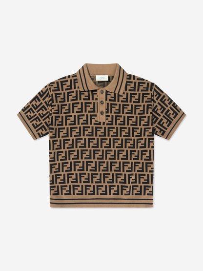 男童棕色 FF 针织 Polo 衫