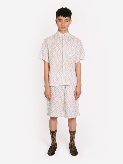 男童象牙色 FF 徽标亚麻短裤