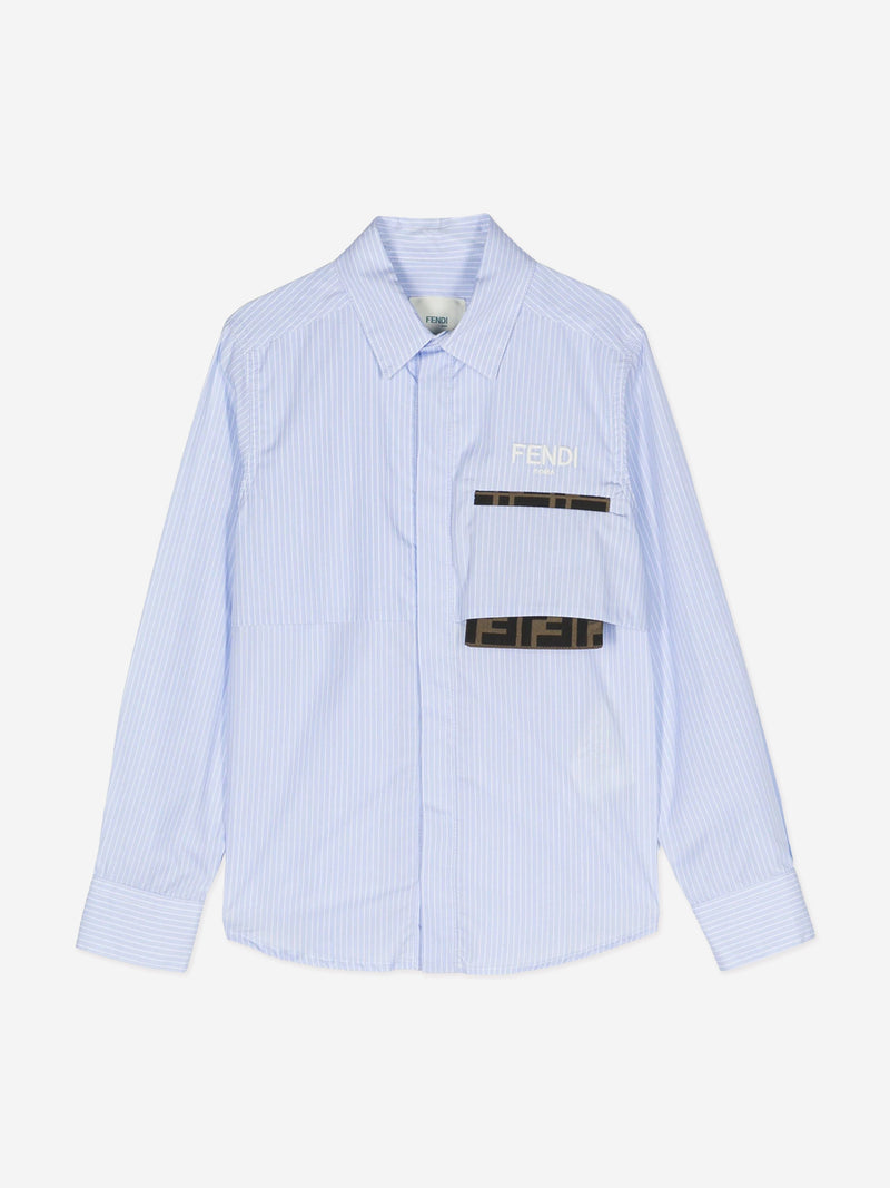 Fendi Boys 条纹 FF 口袋衬衫（蓝色）