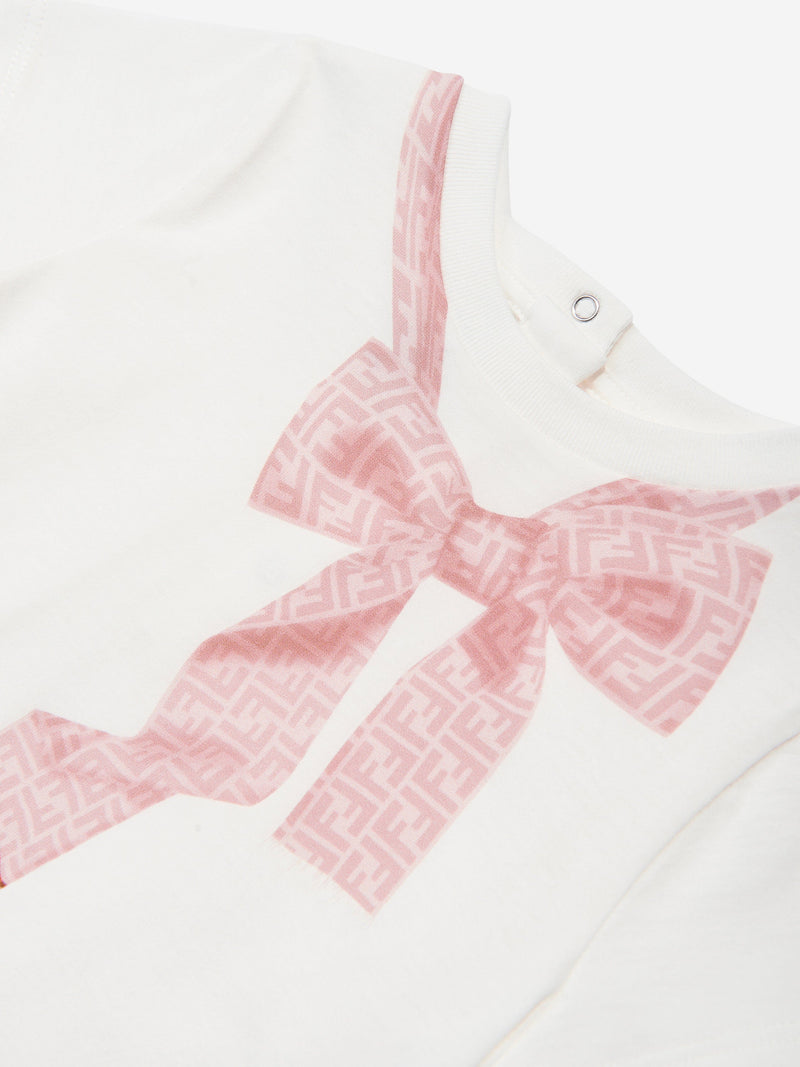 Baby Girls Trompe l&#39;oeil Bow Print T-Shirt in White