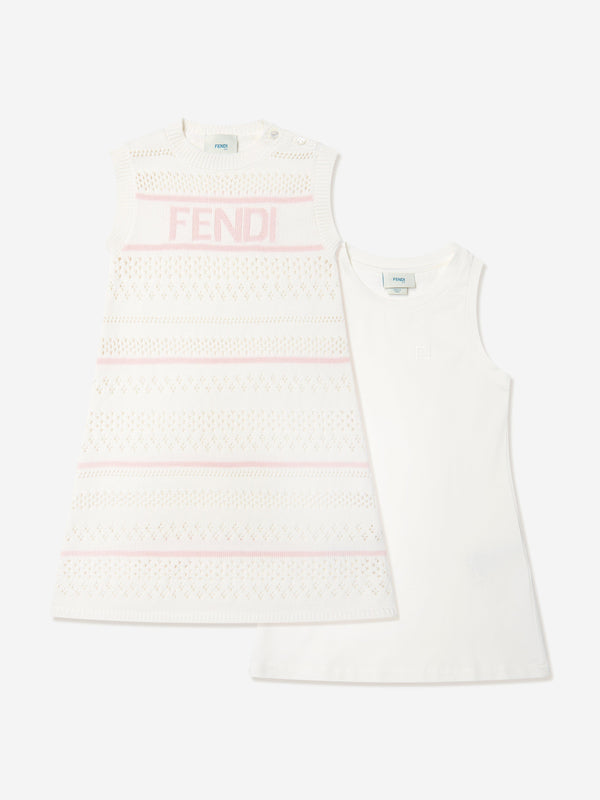 Girls Striped Crochet Dress in White