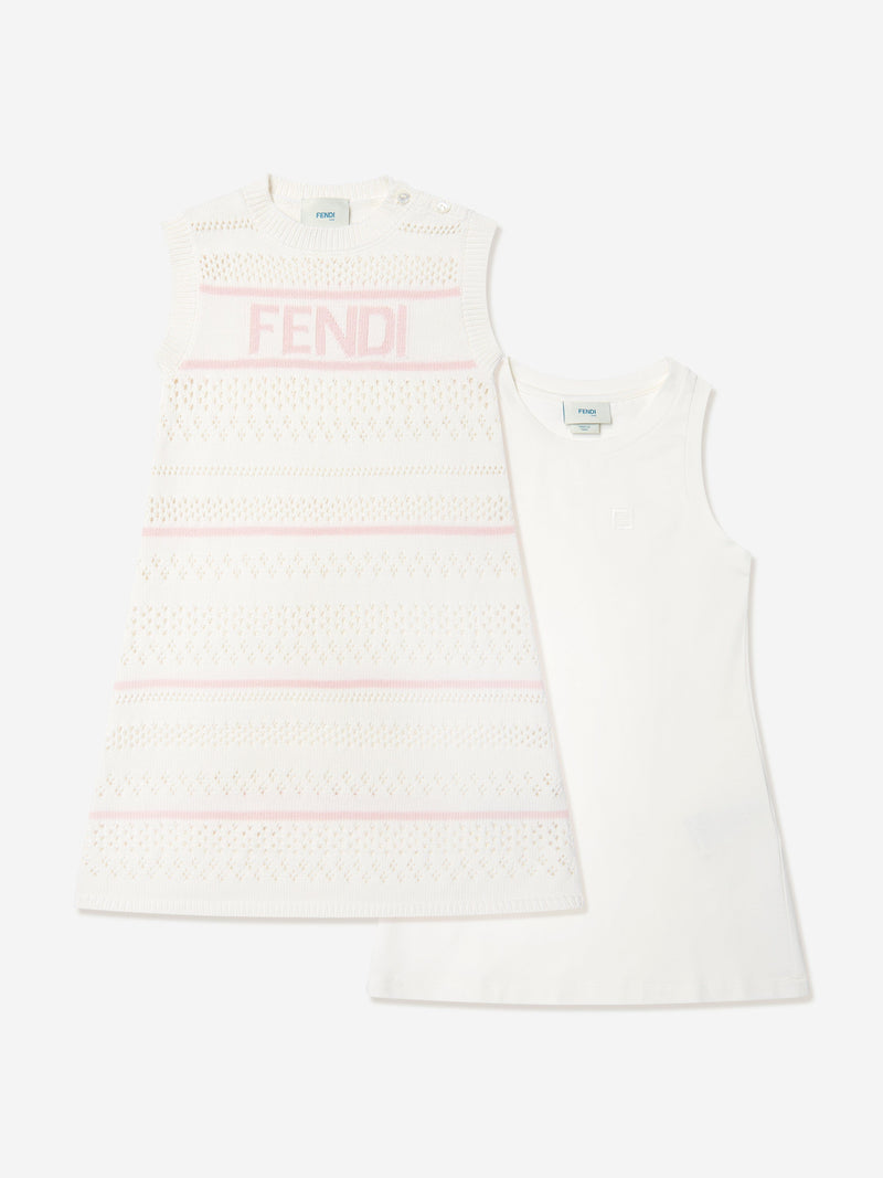 Girls Striped Crochet Dress in White