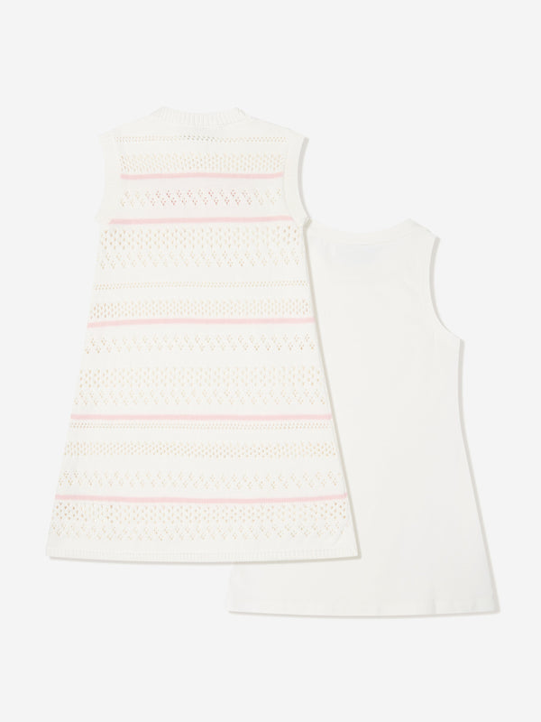 Girls Striped Crochet Dress in White