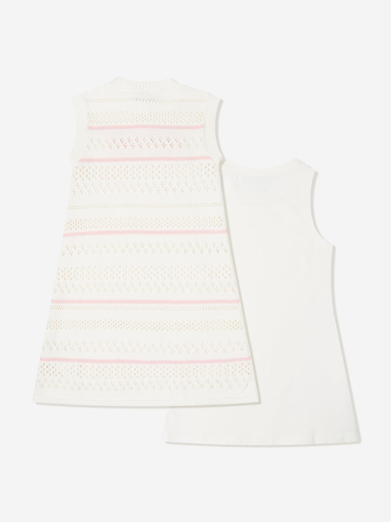Girls Striped Crochet Dress in White