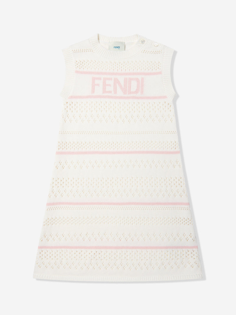 Girls Striped Crochet Dress in White
