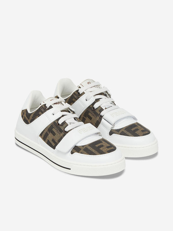 Kids Leather Jacquard Logo Trainers in White