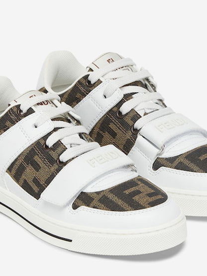 Kids Leather Jacquard Logo Trainers in White