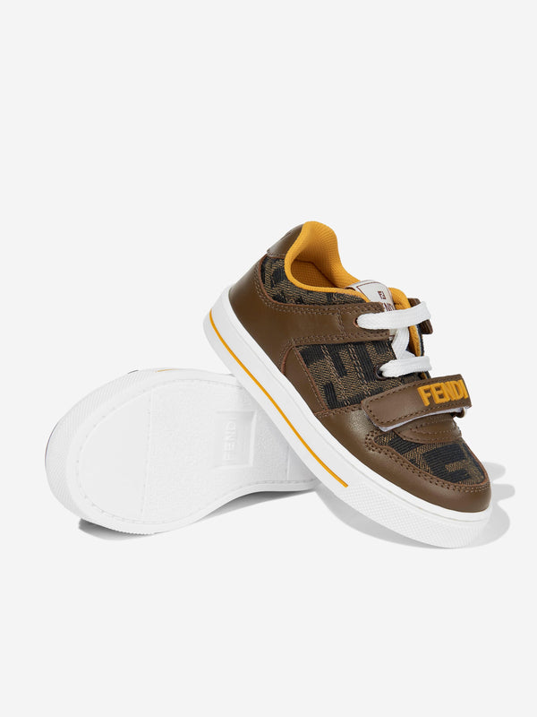 Kids Leather Jacquard Logo Trainers in Brown