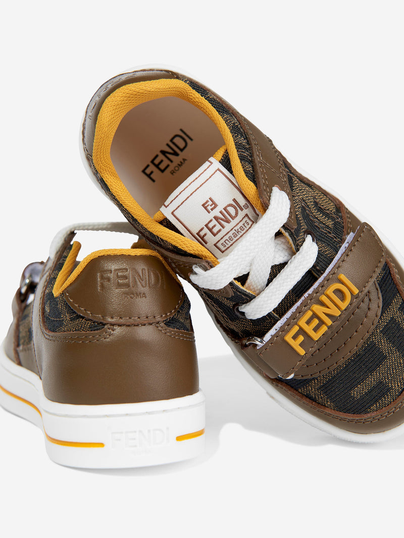Kids Leather Jacquard Logo Trainers in Brown