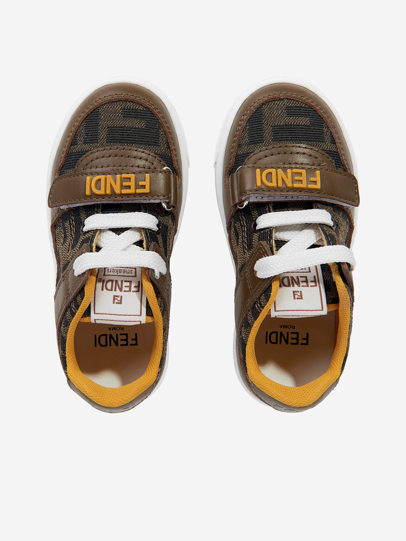 Kids Leather Jacquard Logo Trainers in Brown