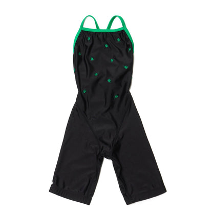 女童黑色刺绣五分专业泳衣