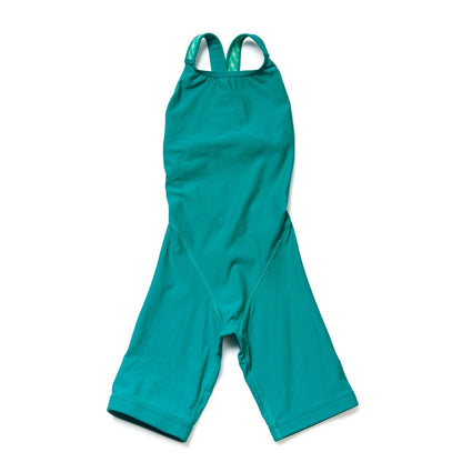 女童孔雀绿色五分专业泳衣