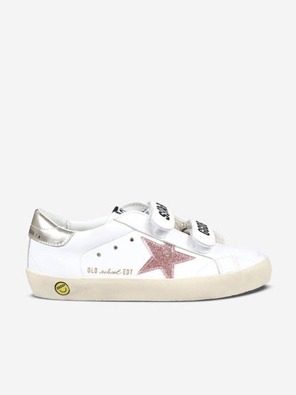 女童白色皮革和闪光星星复古运动鞋