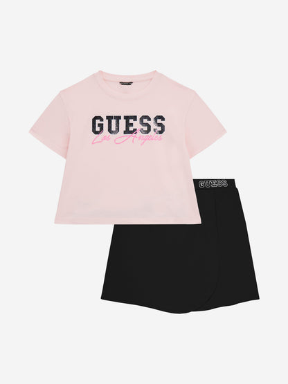Guess 女童 T 恤和短裙套装（粉色）
