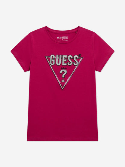 Guess Girls 徽标印花 T 恤（粉色）